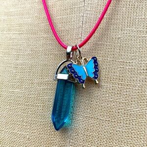 Handmade Aqua Crystal Amulet Necklace & Enamel Butterfly Charm
